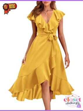 Women's Summer Cross Midi Dress Boho V Neck Short Sleeve Ruffle Hem Beach